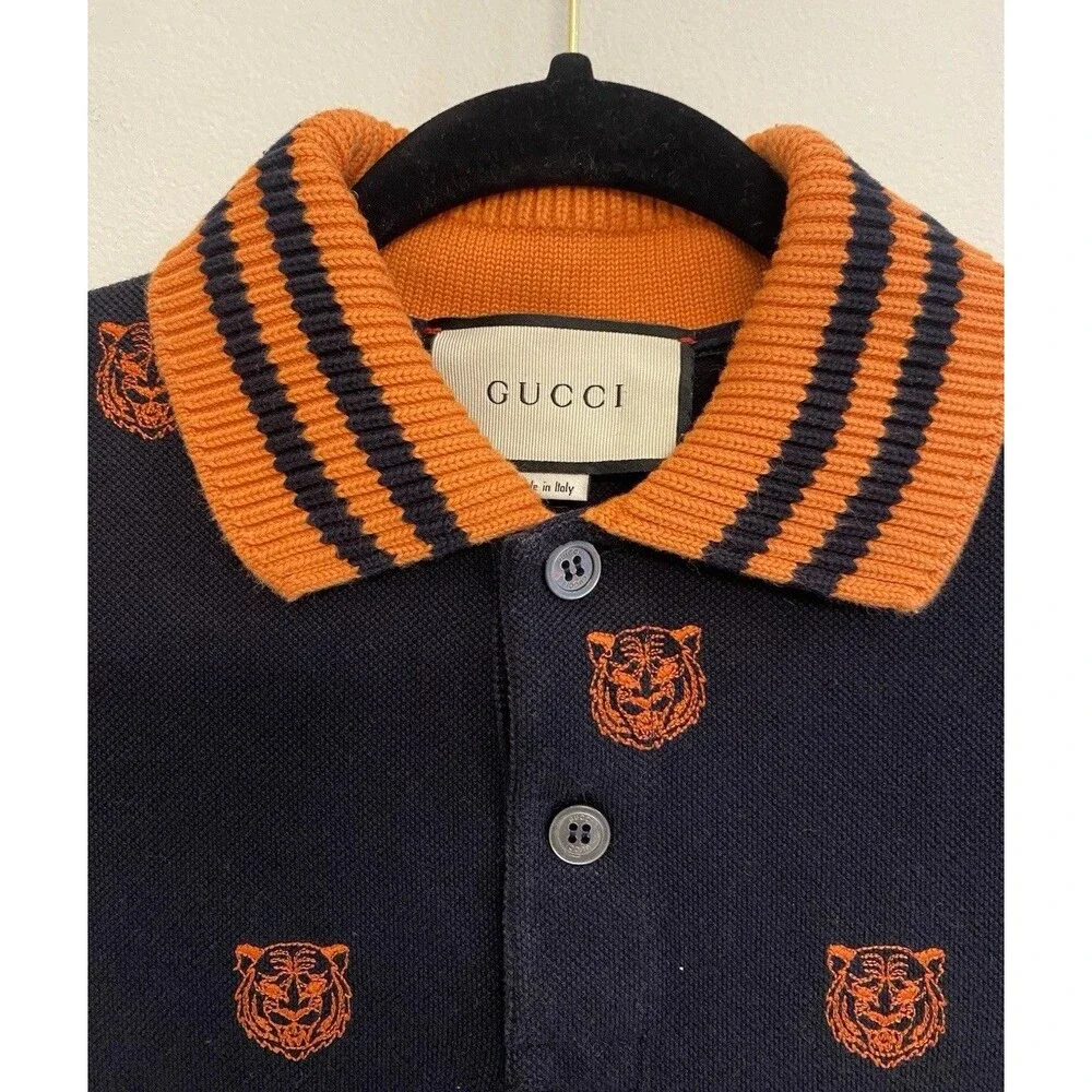 Gucci Embroidered Tiger Polo Shirt Men’s S Navy Orange Short Sleeve Designer